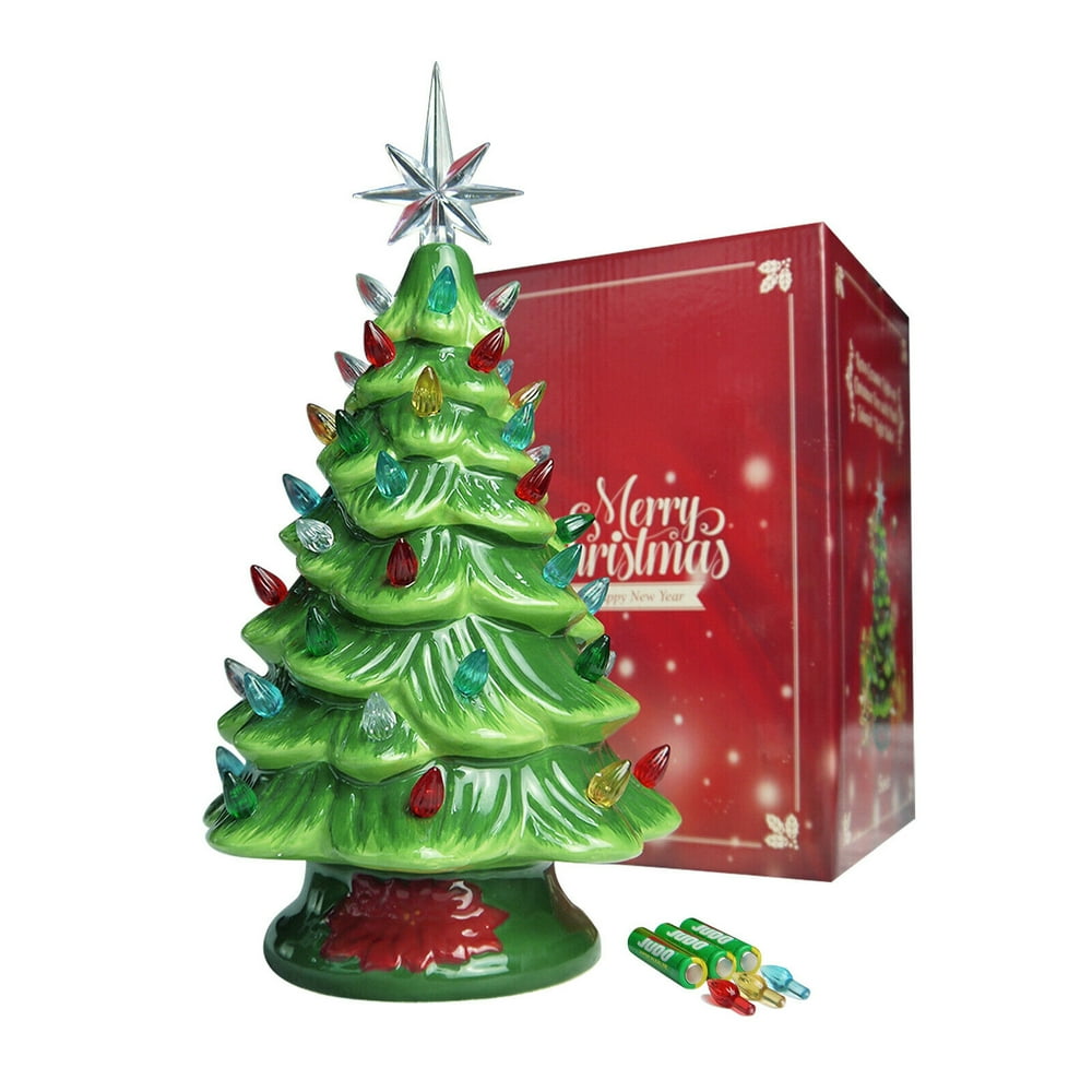 Lighted Ceramic Christmas Tree Cordless 13'' Decor Green AA Battery