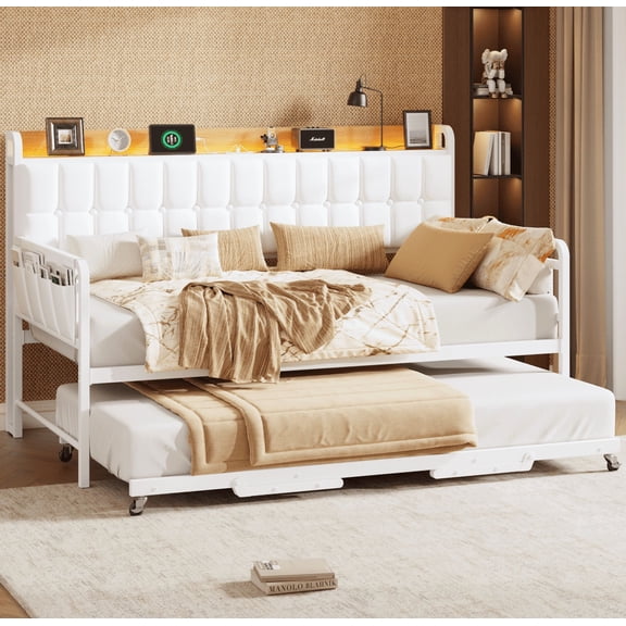 Garvee Daybed with Trundle Twin Bed Frame with LED Lights and Charging Station Sofa Bed with Storage Headboard for Living Room Bedroom Guest Room Beige