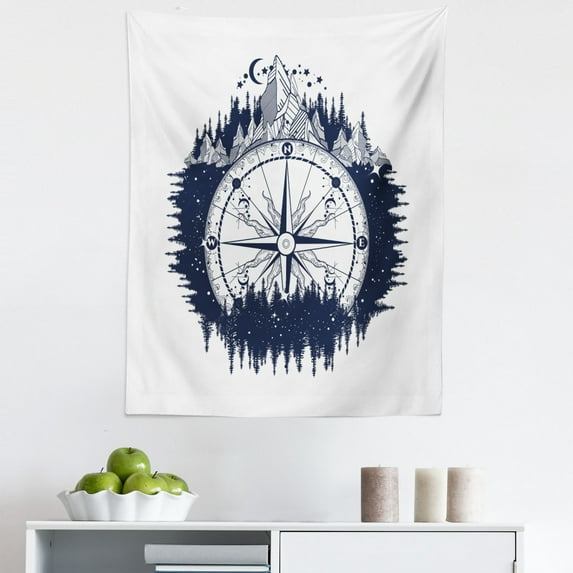 Northwoods Tapestry, Antique Compass in the Night Forest Tattoo Art in Boho Style Travel, Fabric Wall Hanging Decor for Bedroom Living Room Dorm, 5 Sizes, Dark Blue and Coconut, by Ambesonne