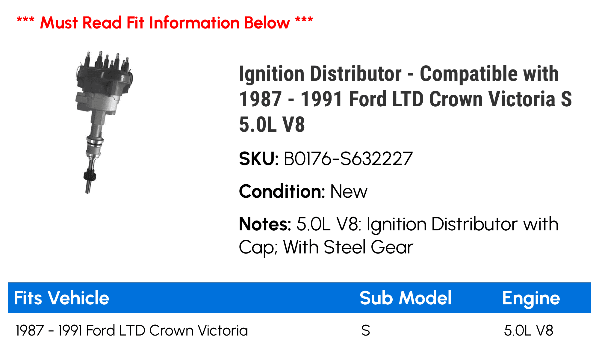 Ignition Distributor - Compatible with 1987 - 1991 Ford LTD Crown Victoria S 5.0L V8 1988 1989 1990