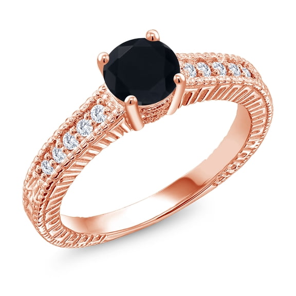 Gem Stone King 18K Rose Gold Plated Silver Ring Round Black Onyx and Moissanite (0.95 Cttw, Size 8)