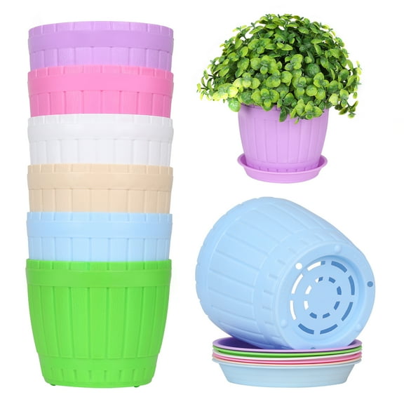 Plastic Planter Pot with Saucers,Casewin 4.3 Inch Small Flower Seedling Nursery Pot with Drainage Hole and Pallet, Decorative Wooden Barrel Plant Gardening Container, Assorted 6 Colors