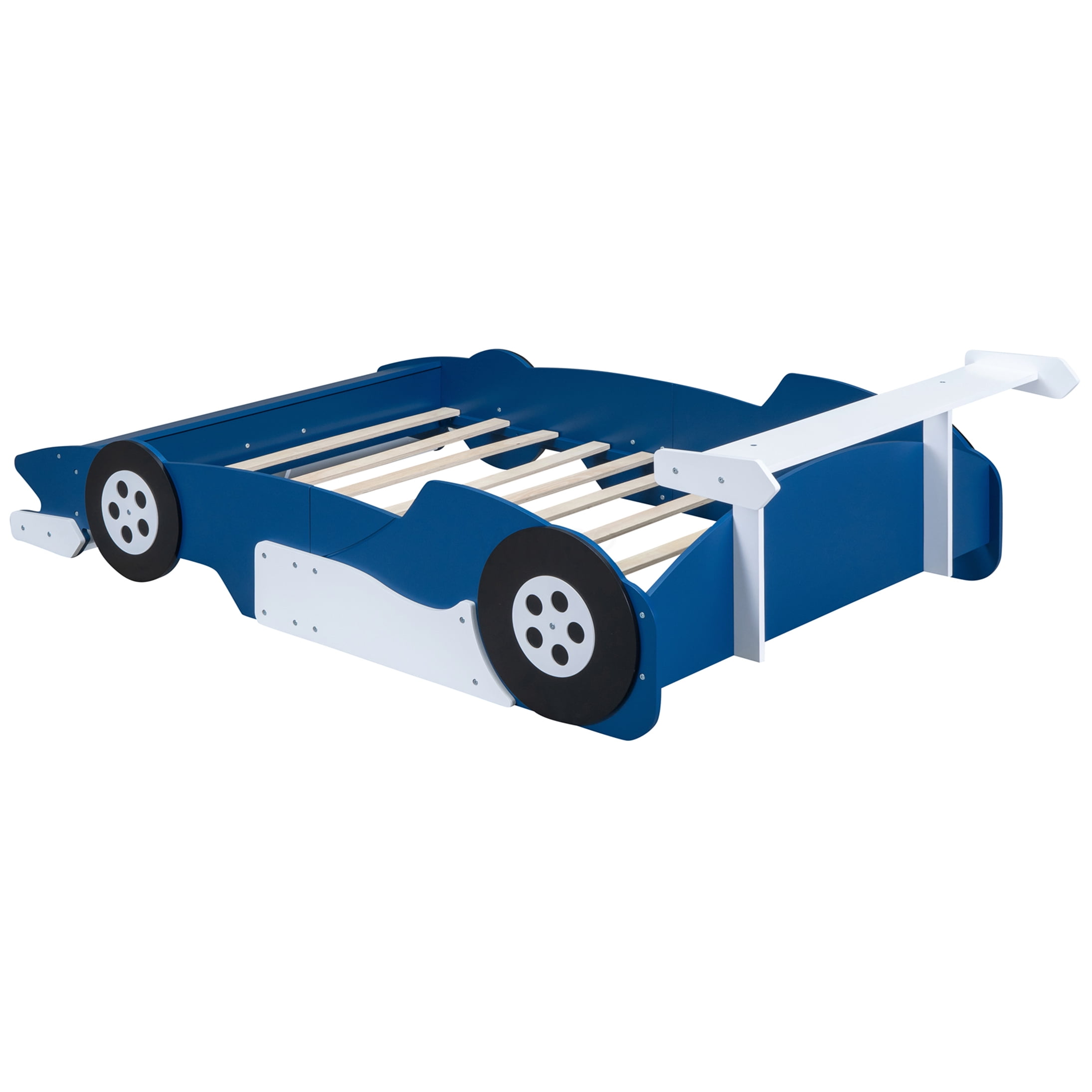 Full Size Race Car Bed with Wheels, Low Profile Platform Frame, Blue Finish, Easy Assembly