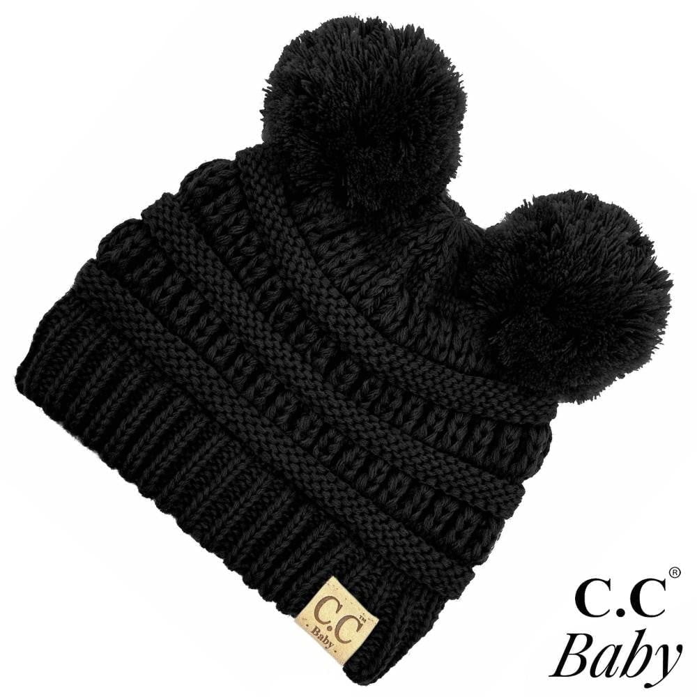 CC Baby Double Pom Cable Knit Yarn Pom Newborn to 9 Months Infant Beanie Black - Soft, Warm Hats for Babies and Toddlers - Cozy Winter Wear