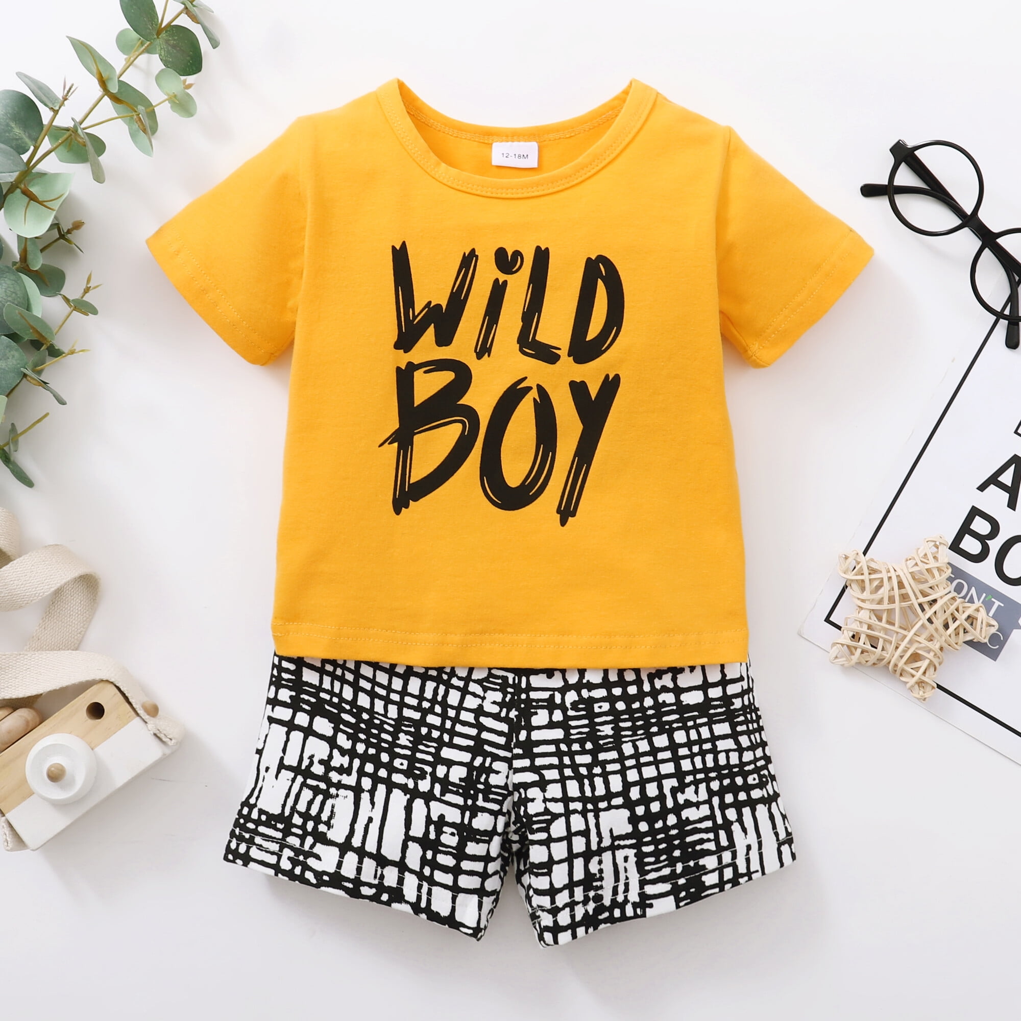 5 Years Little Boys Clothes 6 Years Little Boys Summer 2PCS Outfits Letter Print Short Sleeve Shirt Top Shorts Set Yellow