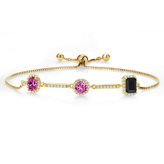 Gem Stone King 1.61 Ct Oval Pink Created Sapphire 18K Yellow Gold Plated Silver Bracelet for Women