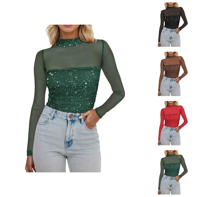 Sparkle Tops for Women 2026 Spring Fashionable Long Sleeve Mesh Patchwork Mock Neck Casual T Shirt Rave Outfit Clubwear