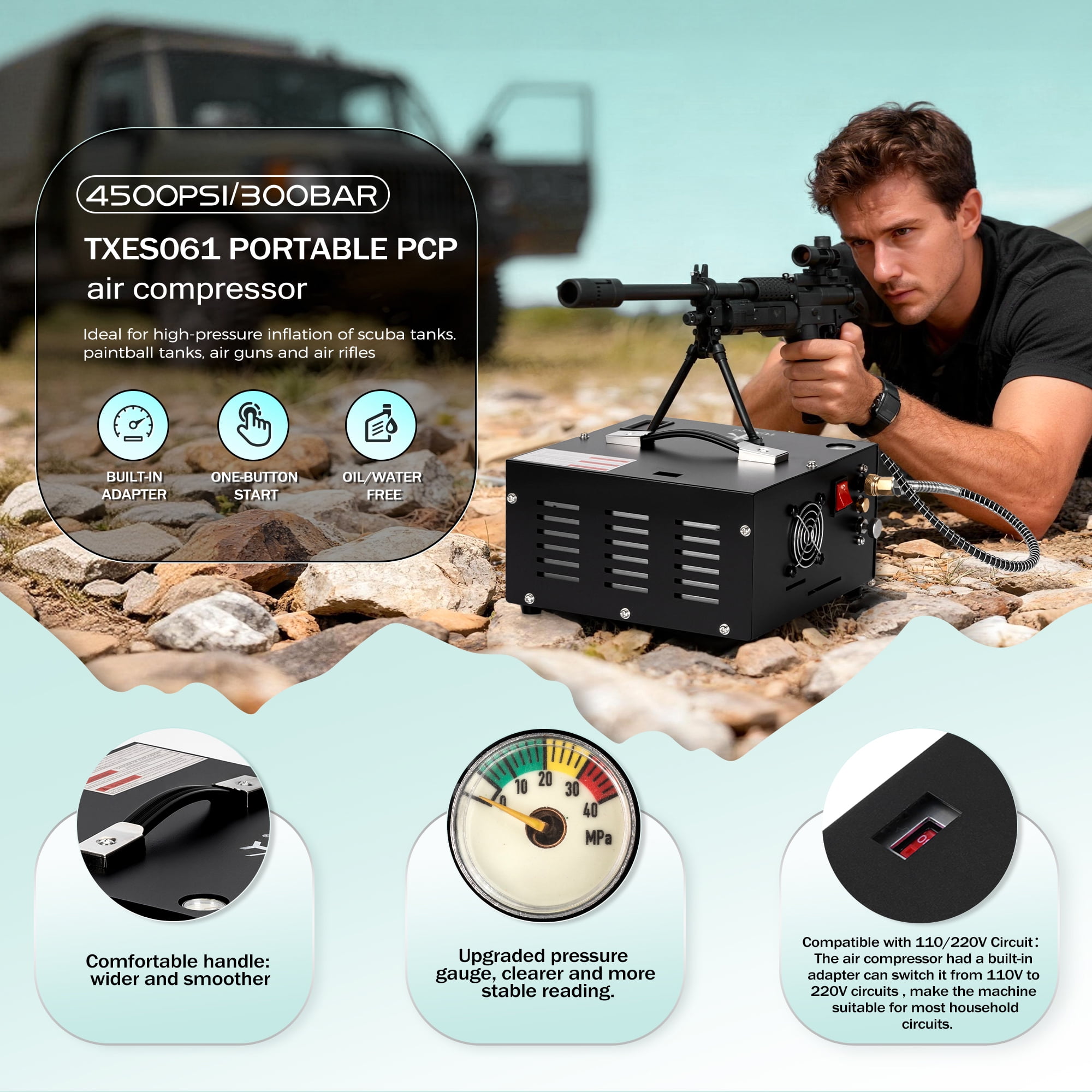 TUXING 4500Psi PCP Air Compressor w/ Built-in Transformer, One-Button Start for PCP Rifles, Paintball Guns, Diving Tanks