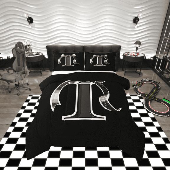 Erosebridal Initial Letter I Bedding Sets Twin with Comforter, Black Gray Duvet Insert, Kawaii Bow-tie Reversible Down Comforter, Lightweight Room Decorative, 2pcs