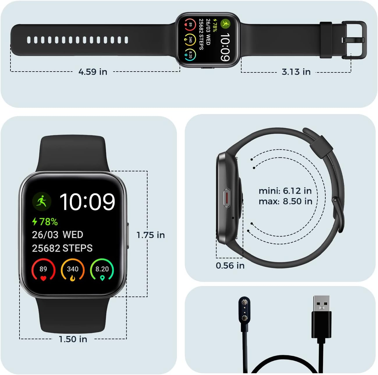 Vibeat IDW26 Smart Watch – 1.83" Smartwatch w/ Alexa,Fitness Tracker,Compatible with iOS/Android ,Black