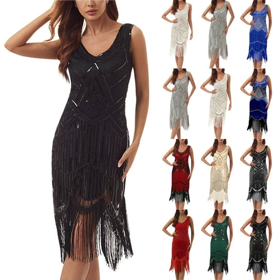 Azrian Clearance,Womens Plus Size Dress,Women's Spring And Summer Round Neck Sleeveless Sequin Ball Tassel Dress Party Banquet Dance Dress Mini Dress Best Sell in 2023