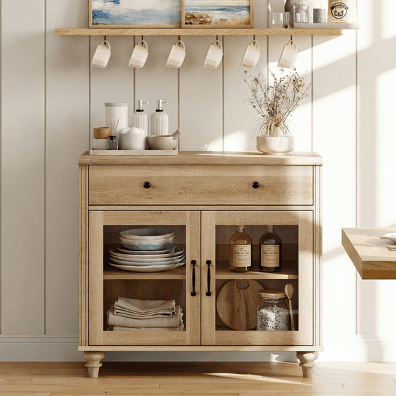 34" Oak Glass Door Buffet Cabinet with Drawer, Farmhouse Sideboard with Storage