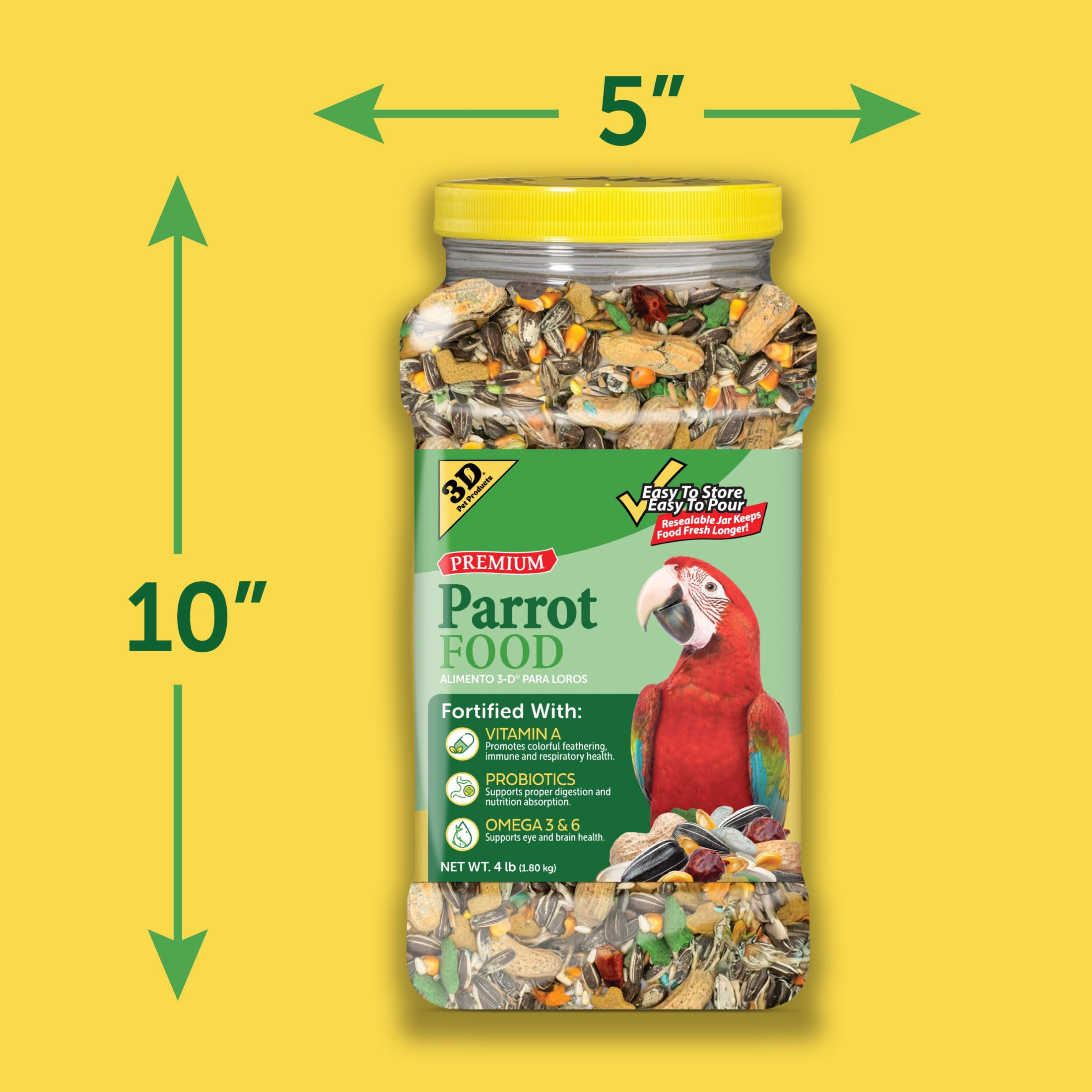 (4 pack) 3-D Pet Products Premium Parrot Bird Food, Seeds, 4 lb. Stay Fresh Jar
