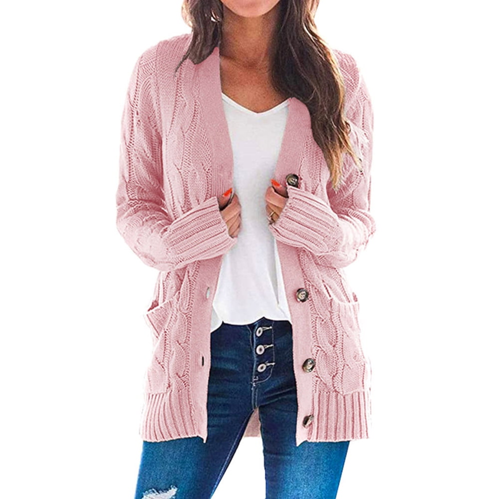 HRSR Women's Long Sleeve Cable Knit Cardigan with Pocket Casual