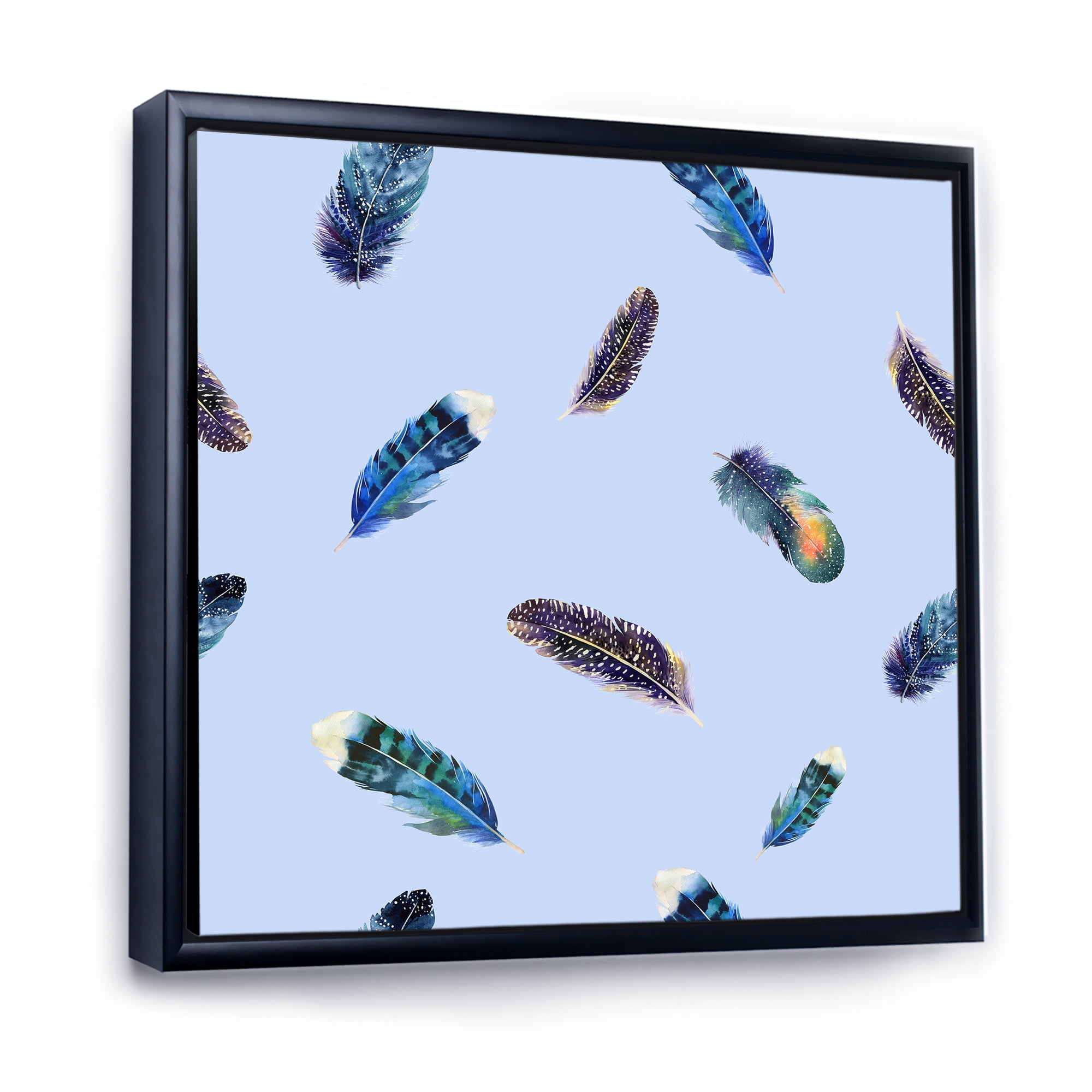 Designart 'Blue Feathers Boho Ethnic ' Bohemian & Eclectic Framed Canvas Wall Art Print