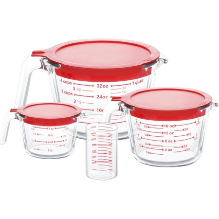 4 Piece Glass Measuring Cups Set, 5 Oz, 1-Cup, 2-Cup, 4-Cup Liquid Measuring Cups with Lids for Kitchen, Freezer and Microwave Safe