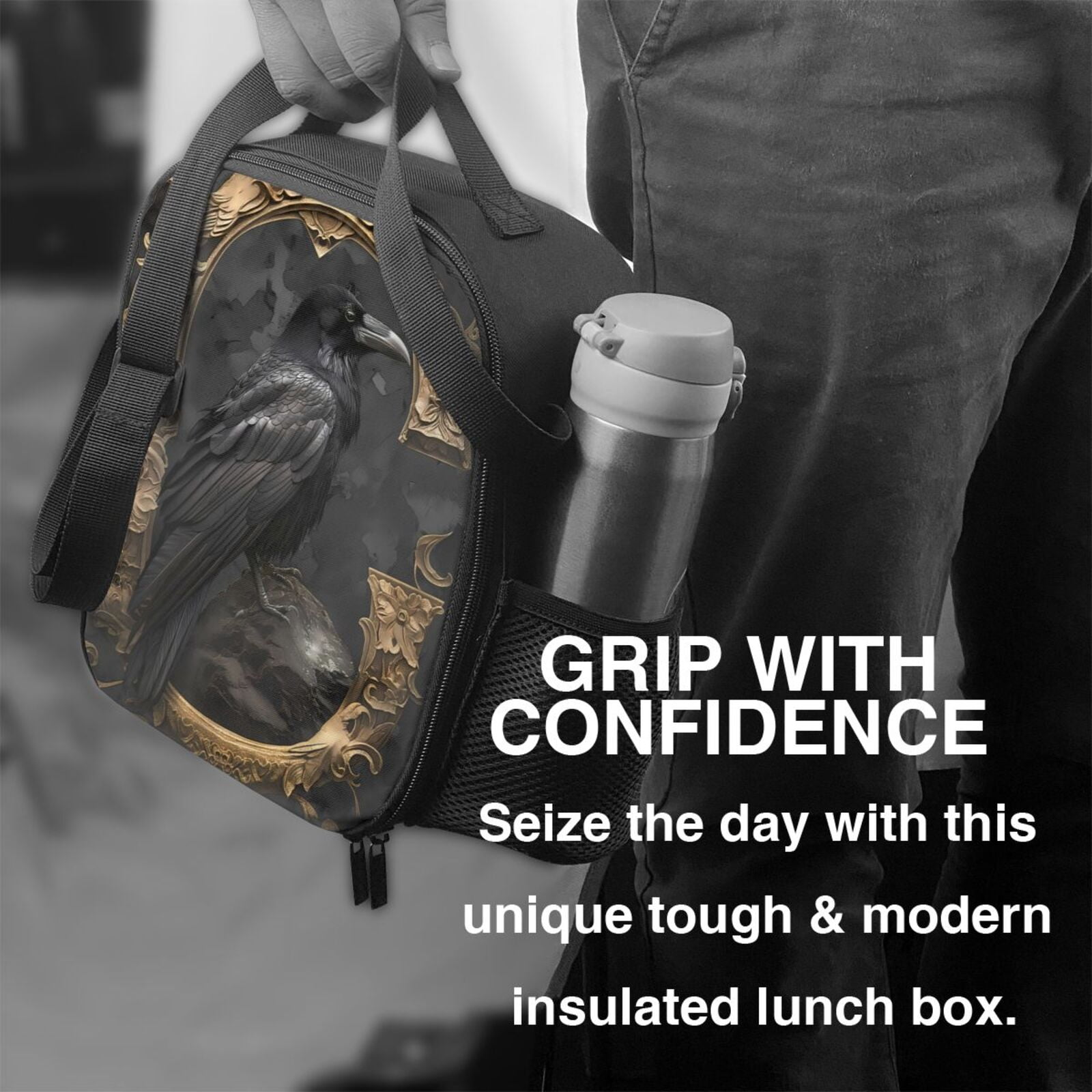 Ratiio Gothic Raven Portrait Print Lunch Box - Reusable Lunch Bag Men Adult Women- Insulated LunchBox