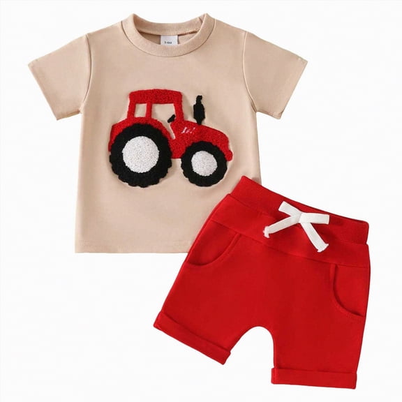 kpoplk Toddler Kid Boy Playtime Outfits 2-5 Years 2Pcs Set Dinosaur Print Short Sleeve Tees Tops and Shorts(Red,3-6 M)