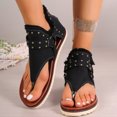 thumbnail image 2 of Women's Clip Toe Flat Sandals Breathable Denim Flip Flops Buckle Studded Open Toe Summer Low Platform Dressy Shoes Black Size 7.5, 2 of 6