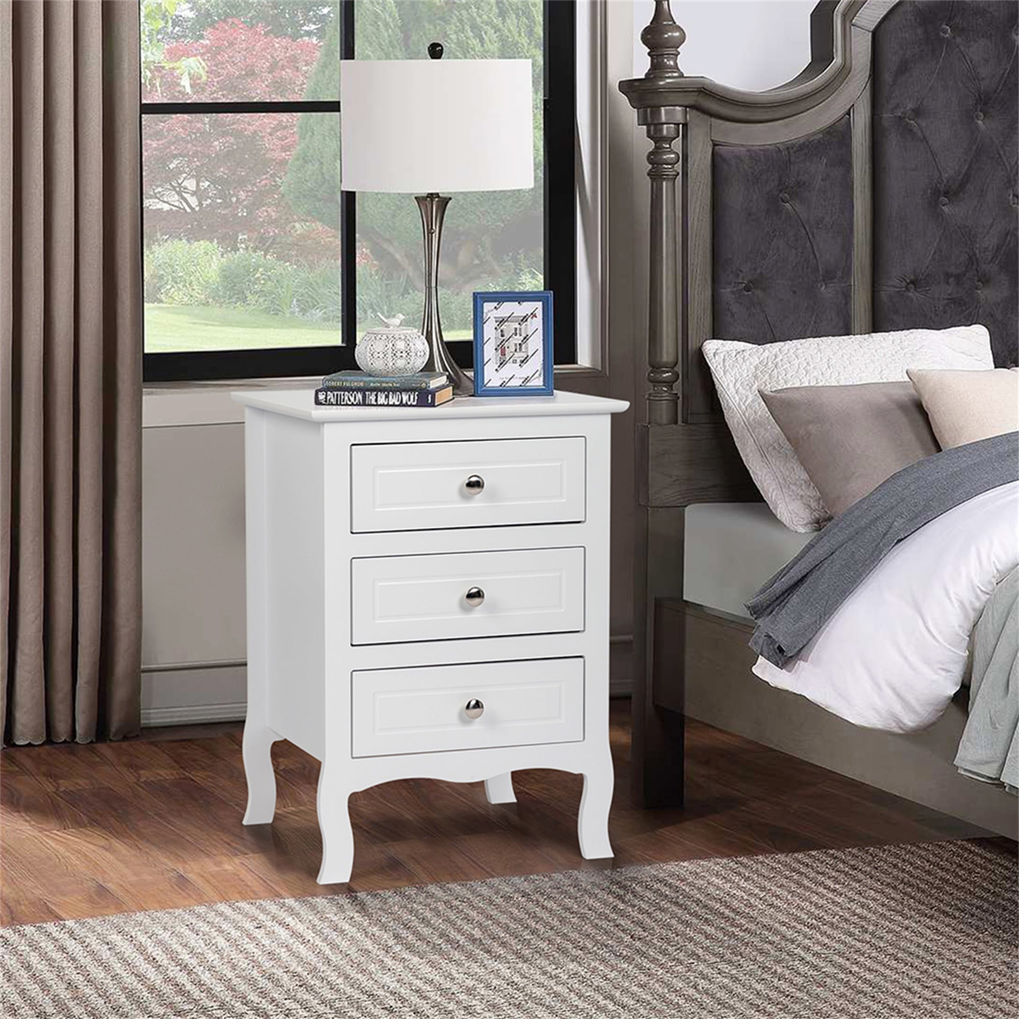Kadyn White Nightstand Side Table with 3 Drawers, Farmhouse Style Bedside Storage Chest Table , Wood End Table Decorative Table, Solid Wood Curved Legs, Living Room Decorative Furniture Kadyn White Nightstand Side Table with 3 Drawers, Farmhouse Style Bedside Storage Chest Table , Wood End Table Decorative Table, Solid Wood Curved Legs, Living Room Decorative Furniture