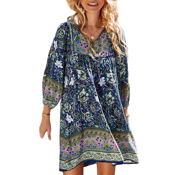 Lucakuins - Vestido de playa corto de verano para mujer, manga larga, cuello en V, estilo bohemio, vintage, floral Lucakuins S-XL