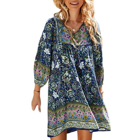 

Gwiyeopda Women Long Sleeve V Neck Floral Short Beach Dress One-pieces