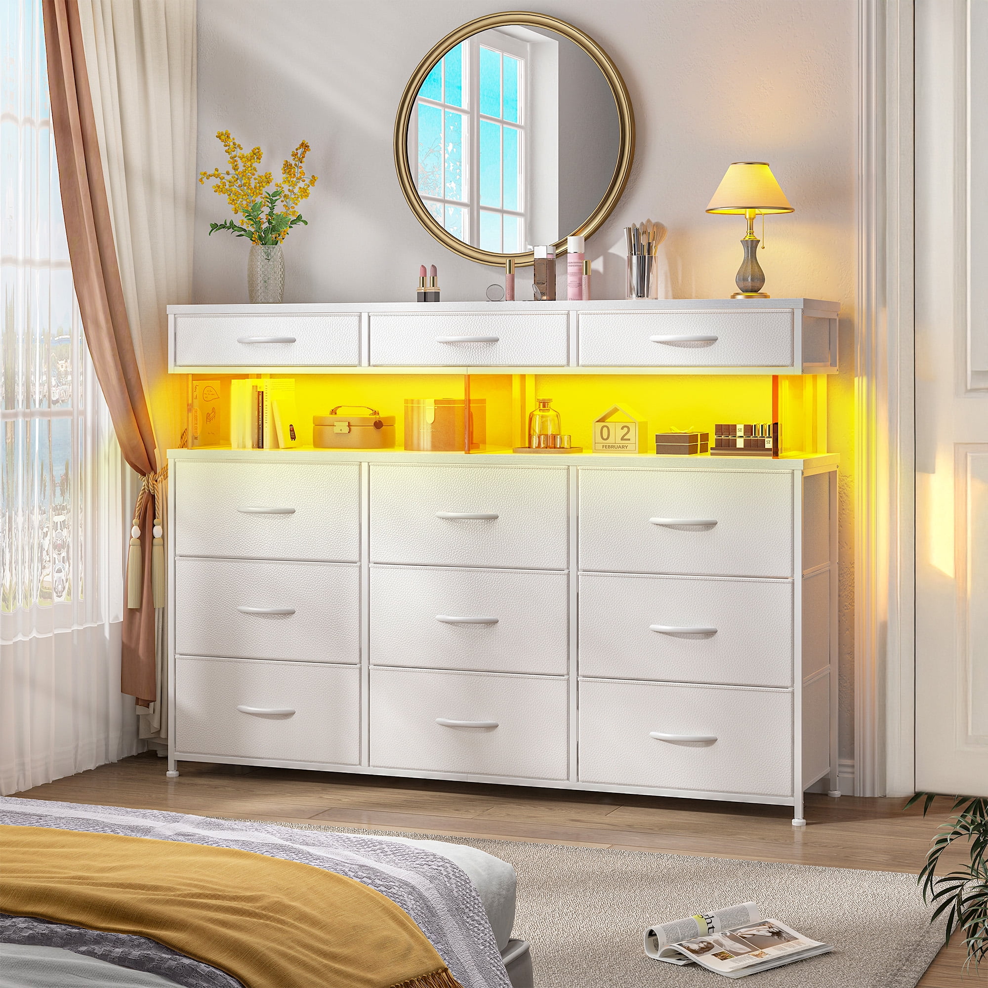 Dresser for Bedroom with 12 Fabric Drawers,Dresser with LED Lights and Charging Station,Chest of Drawer for Entryway,Living Room,Closet,White