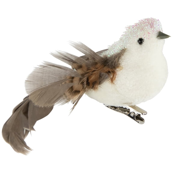 Glittered Bird with Feather Tail Clip-on Christmas Ornament - 8" - White and Black