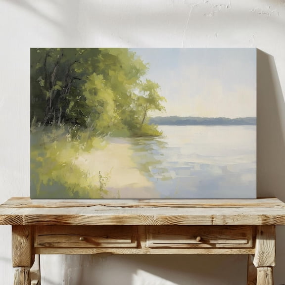 Velto Lakeside Summer Canvas Wall Art Riverside Landscape Illustration Peaceful Nature Forest River Inspired Decoration, SIZE 8x10 INCLUDE Pine Wood Frame 1.25-Inch