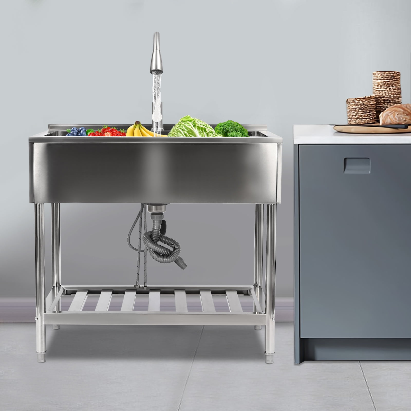 Miumaeov Utility Sink Freestanding Single Bowl Kitchen Sink Stainless Steel Sink with with Hot and Cold Dual Tap Freestanding