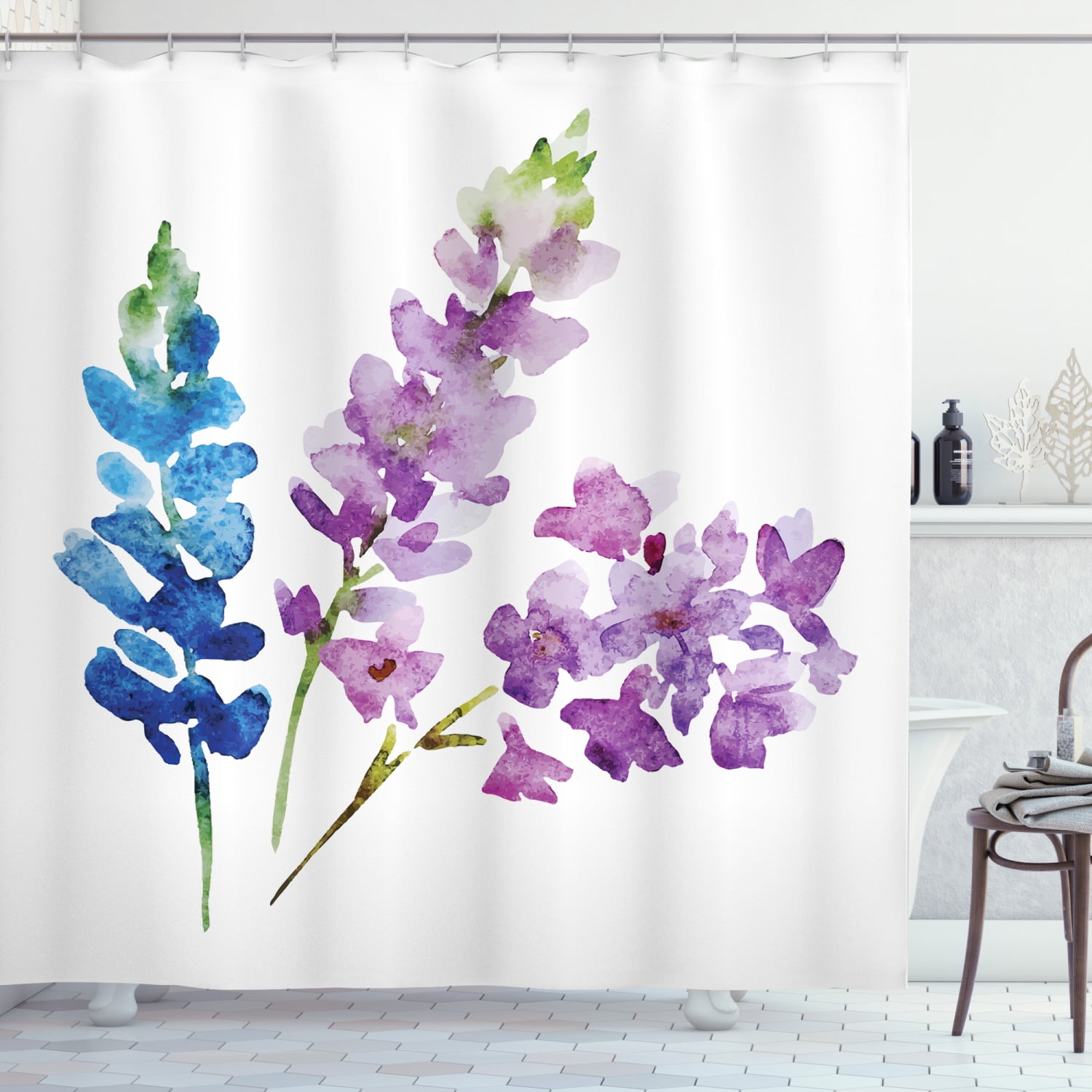 Waterproof Fabric Watercolor Purple Flower Butterfly Shower Curtain Set Bathroom 