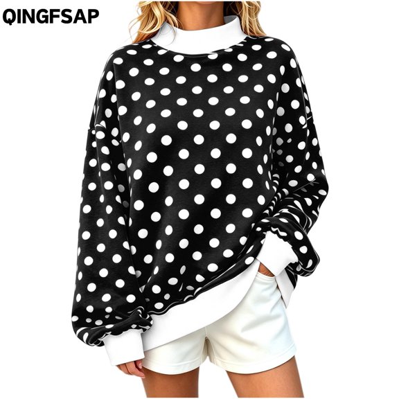 QINGFSAP Womens Polka Dot Sweatshirt Long Sleeve Crewneck Pullover Tops Casual Loose Fit Knit Shirt Fall Winter Blouse