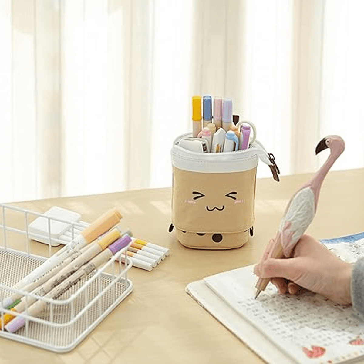 Cute Pen Pencil Telescopic Holder Pop Up Stationery Case, Stand-up Transformer Bag with Smile Face Dot Organizer, Great for Cosmetics Pouch Makeup Bag