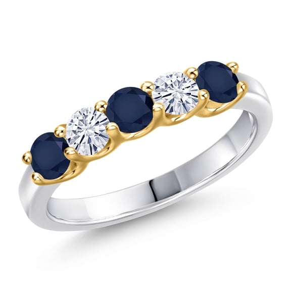 Gem Stone King 925 Silver and 10K Yellow Gold Blue Sapphire and White Moissanite Wedding-Bands Ring for Women | 0.98 Cttw | Round 3.5MM | Gemstone September Birthstone | Size 5