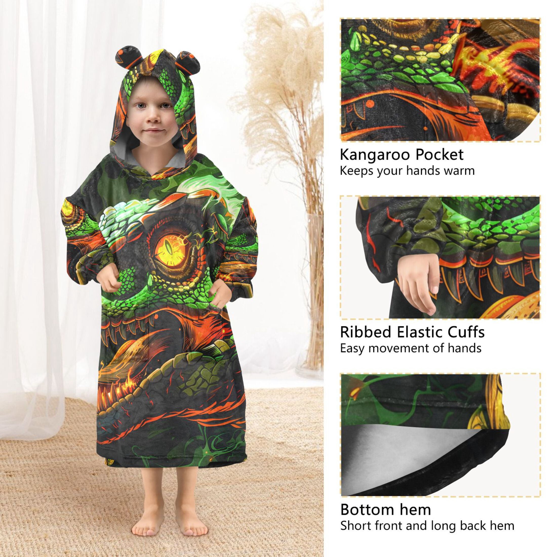 joogoo Wearable Blanket Hoodie for Kids Dinosaur with Fire Flannel Oversized Sweatshirt 3-14 Years M
