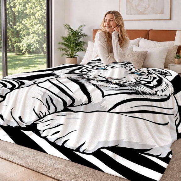 JYK Sherpa Blanket White Tiger Bed Blanket for bedroom Decor All Season Stylish Gift 80x90 inch