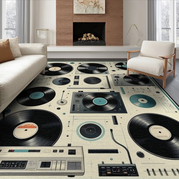 ODIKA 8'x10' Washable Area Rug Record Vintage Vinyl Music Retro Dj Turntable Border Player Cassette for Living Room, Under Sectional, Family , Durable, Non-Slip