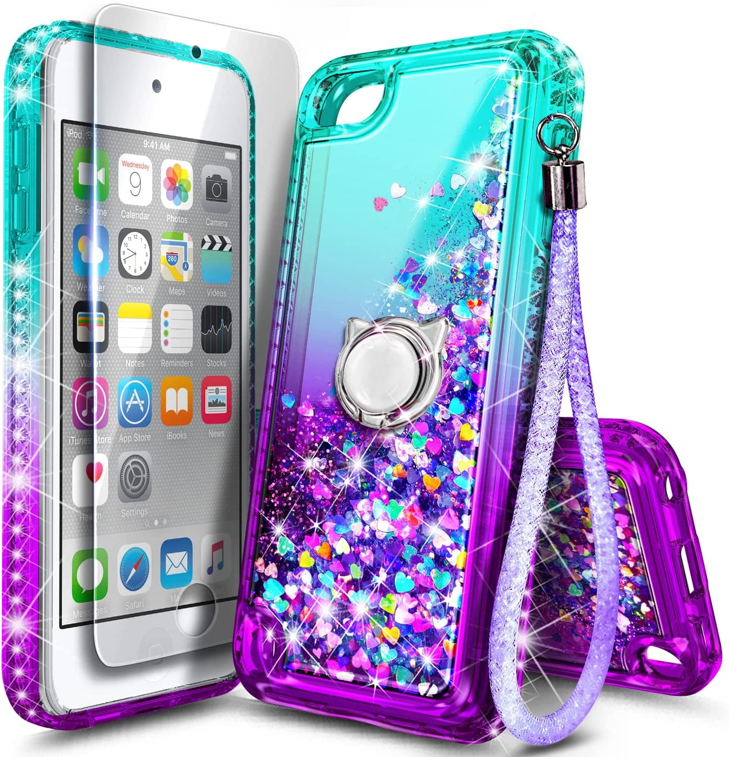Nagebee Case for iPod Touch 7th 6th 5th Generation, iPod Touch 7 6 5 Gen  with Screen Protector, Liquid Glitter Floating Bling Diamond [Ring Holder &  Wrist Strap] Women Girls (Aqua/Purple) 