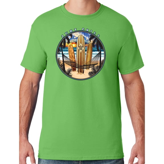 Mens Manu Bay Surf Company JUST CHILL SURFING T-shirt, Medium Kiwi Green