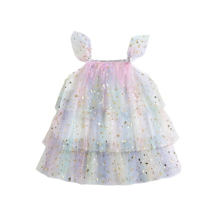 

Toddler Baby Flying Sleeves Tanks Tops with Star Sequins Multi-Layered Mesh Ruffle Decoration Sweet Style Clothing