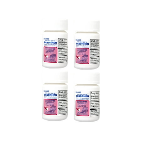 Major Banophen Complete Allergy Medication Diphenhydramine HCI 25mg Antihistamine, 100 Capsules - Pack of 4