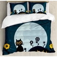 thumbnail image 3 of Halloween Twin Size Duvet Cover Set, Cute Cat and Lanterns Moon on Floral Field with Starry Night Sky Star Cartoon Art, Decorative 2 Piece Bedding Set with 1 Pillow Sham, Blue Black, by Ambesonne, 3 of 3