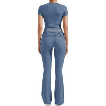 Women's 2 Piece Lounge Outfits Slim Short Sleeve Tops Low Rise Flare Leggings Sets Yoga Sweatsuit