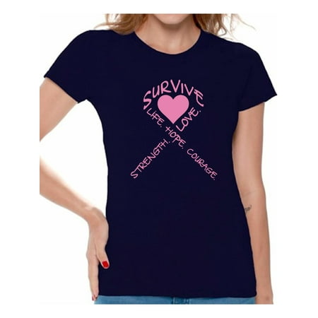 Survive Heart T-shirt Tops Cancer t shirt breast cancer awareness t shirt faith love hope fight believe support survivor gifts tackle for my mom dad grandpa grandma special for women think pink