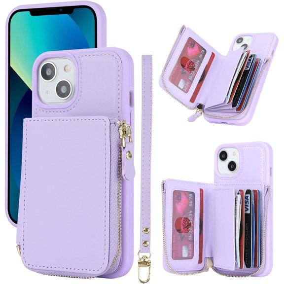 iPhone 13 Phone case Wallet with Zipper Card Holders for Women, iPhone 13 Case Wallet with Credit Card with Ring Kickstand Zipper Stand Case for iPhone13 - Lilac