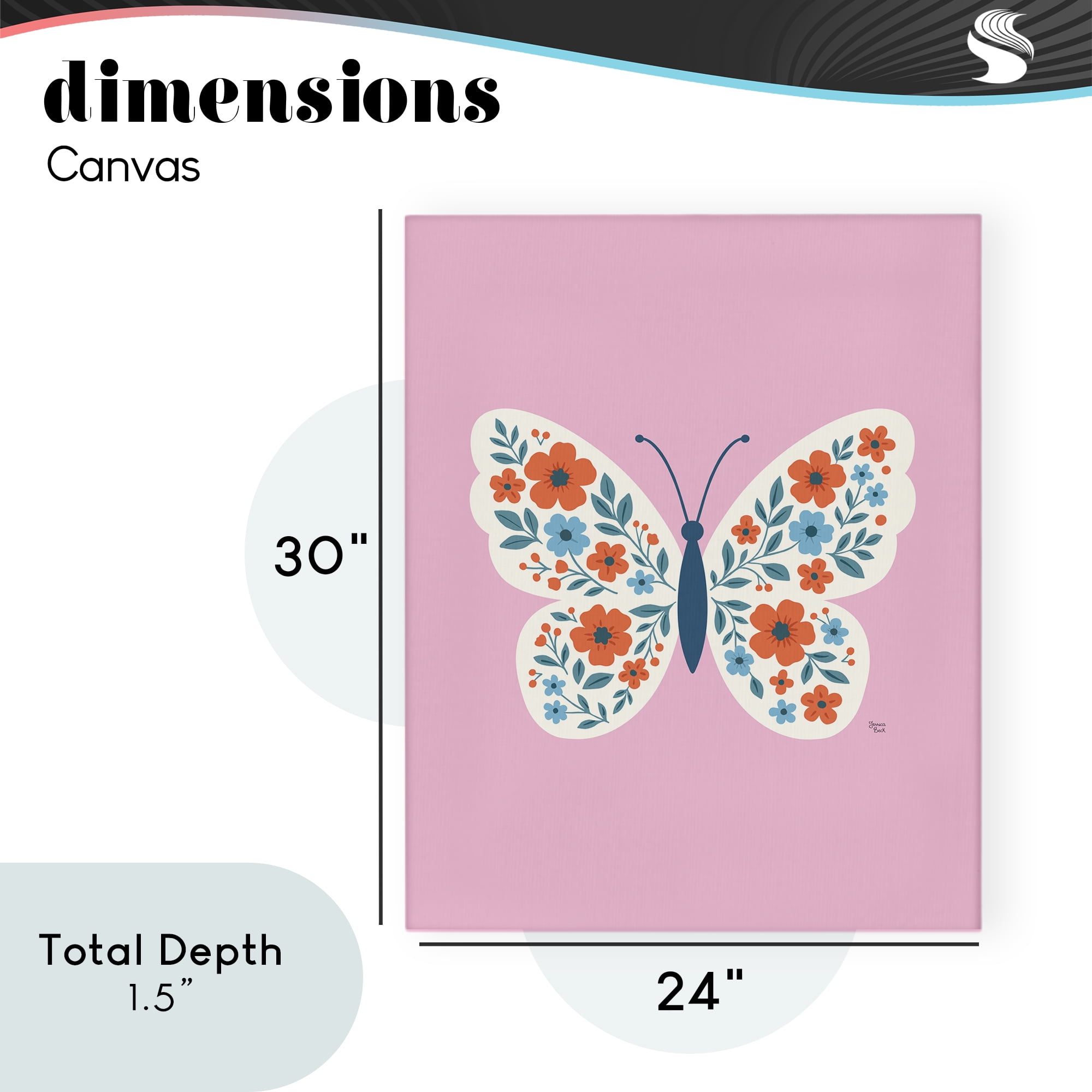 Boho Pink Floral Butterfly Canvas Wall Art, design by Jessica Beck