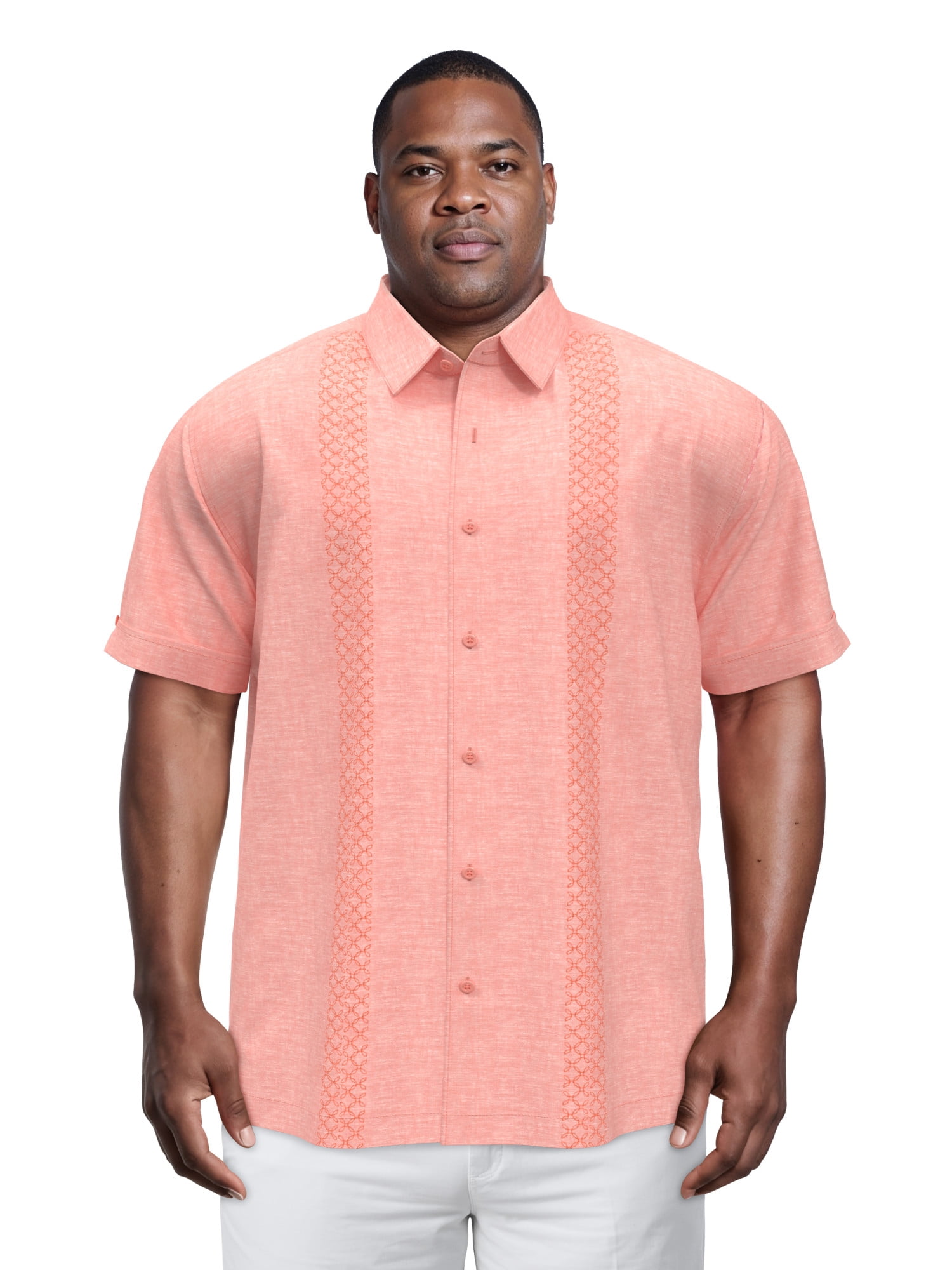 Havanera Men's and Big Men's Geo Embroidered Panels Short Sleeve Cotton Linen Button-Down Shirt, Sizes S-5XL