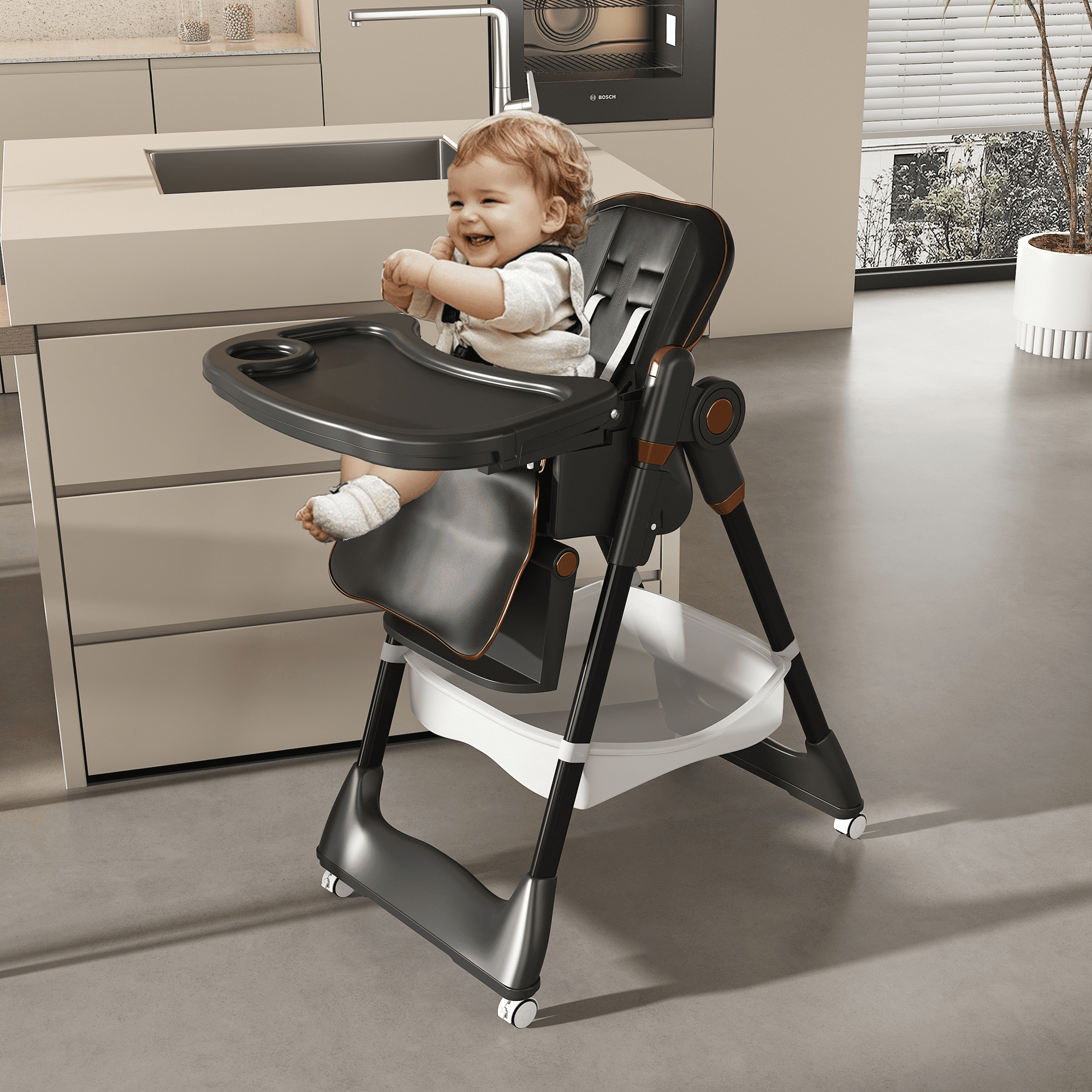 Wohh Convertible Baby High Chair for 6M-3Yrs, Portable Folding Toddler Dining Seat with Soft Cushion,5 Height & 3 Recline & 4 Dining Tray & Removable Double Tray(Black)