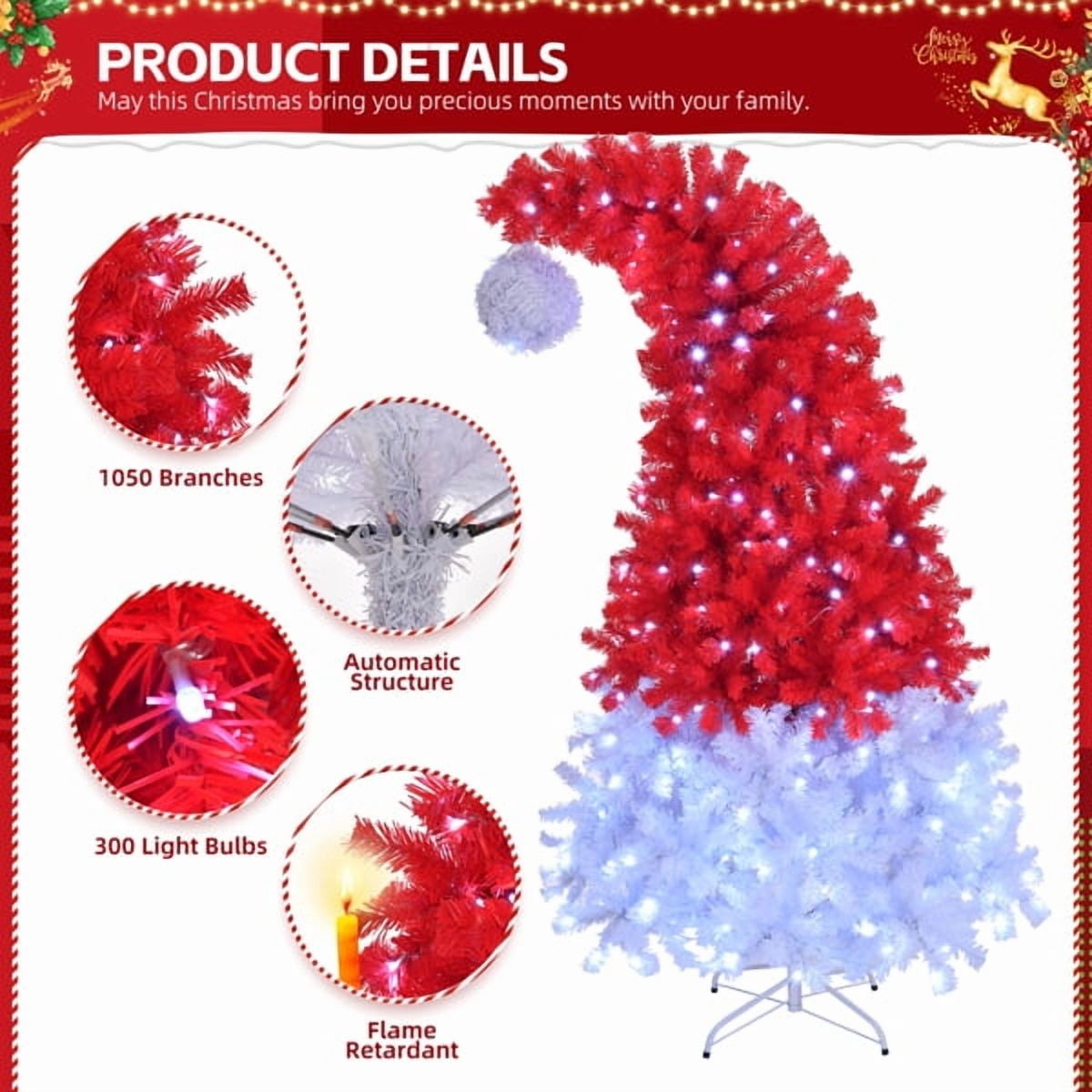 Alvantor 6 ft Santa Hat Pre-Lit Artificial Christmas Tree with 300 Cool White LED Lights, 8 Modes and 1050 PVC Tips, Red and White