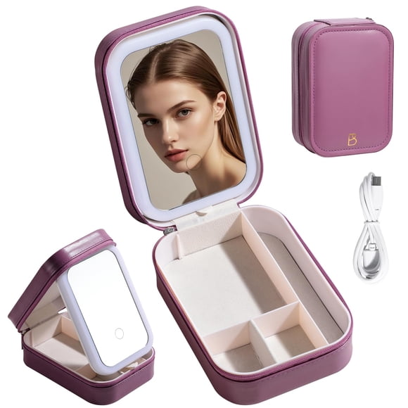 Estuche de viaje para cosméticos BS-MALL con espejo LED y almacenamiento, color rojo